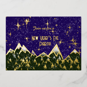 Invitación Con Relieve Metalizado Montañas en la noche - fiesta de Nochevieja dorada
