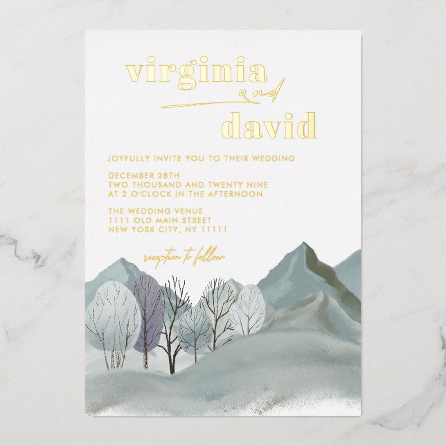 Invitación Con Relieve Metalizado Montañas Rústicas Árboles Boda de Invierno (Anverso)