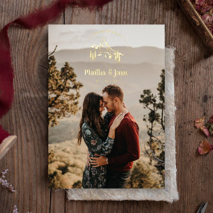 Invitación Con Relieve Metalizado Montañas Rústicas Boda de fotografía romántico