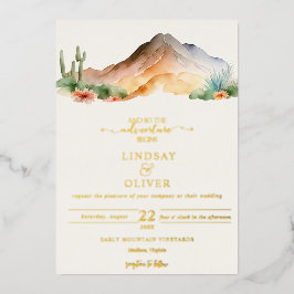 Invitación Con Relieve Metalizado Montañas Rústicas | Boda del desierto