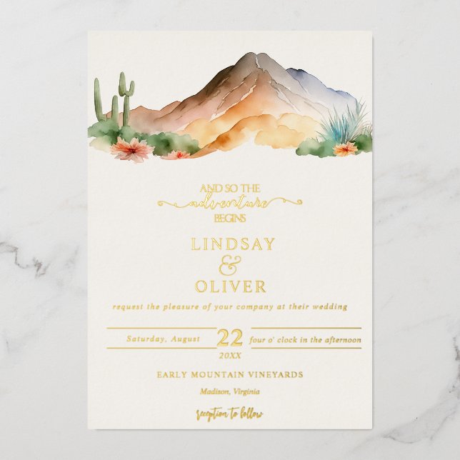 Invitación Con Relieve Metalizado Montañas Rústicas | Boda del desierto (Anverso)