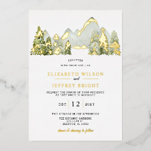 Invitación Con Relieve Metalizado Montañas Rústicas de Acuarela Pinos Boda de Invier