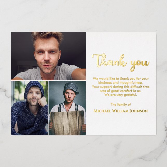 Invitación Con Relieve Metalizado Monumento único al funeral 3 Collage de fotos Oro  (Anverso)