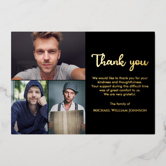 Invitación Con Relieve Metalizado Monumento único al funeral 3 Collage de fotos Oro  (Anverso)