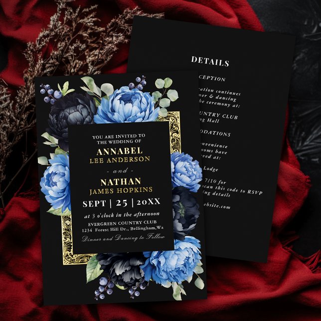 Invitación Con Relieve Metalizado Moody Blue y Black Elegent Boda Floral (Subido por el creador)