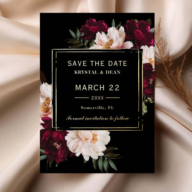 Invitación Con Relieve Metalizado Moody Burgundy Rubor Floral Wedding Save the Date (Subido por el creador)