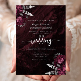 Invitación Con Relieve Metalizado Moody Burgundy Silver Floral Wedding
