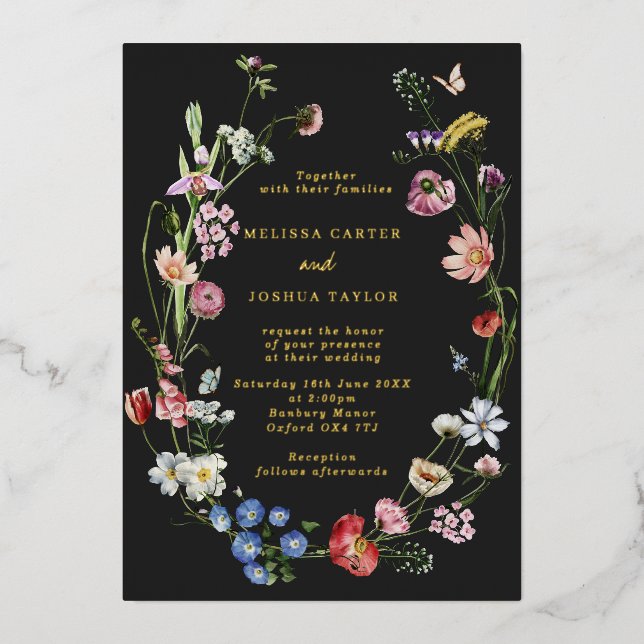 Invitación Con Relieve Metalizado Moody Dutch Flowers & Butterflies Boda Gold (Anverso)