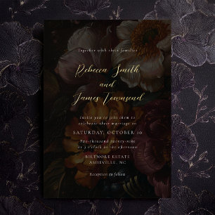 Invitación Con Relieve Metalizado Moody Florals Dark Boda de caligrafía botánica