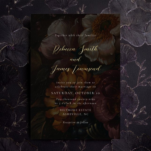 Invitación Con Relieve Metalizado Moody Florals Dark Boda de caligrafía botánica (Subido por el creador)