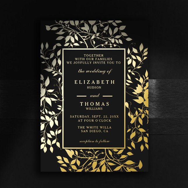 Invitación Con Relieve Metalizado Moody Forest Botanical Gold Boda clásico moderno (moody forest wedding invitation botanical frame black gold elegant modern classic woodland fairy)