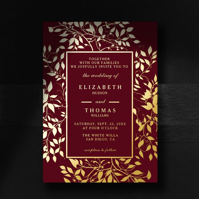 Invitación Con Relieve Metalizado Moody Forest Botanical Gold Boda clásico moderno (moody forest wedding invitation botanical frame burgundy gold elegant modern classic woodland fairy)