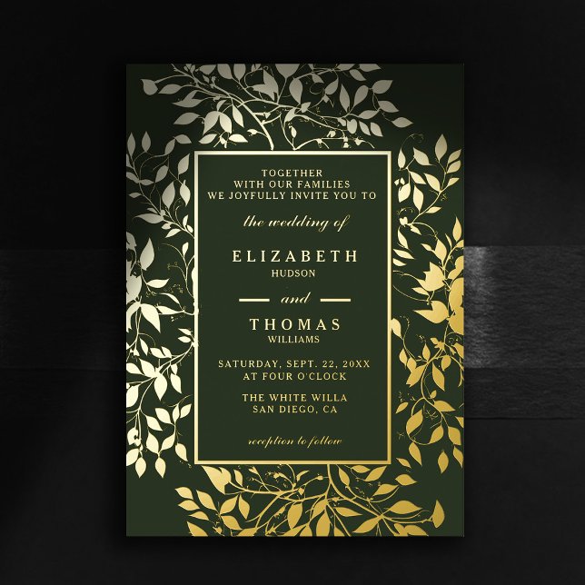 Invitación Con Relieve Metalizado Moody Forest Botanical Gold Boda clásico moderno (moody forest wedding invitation botanical frame green gold elegant modern classic woodland fairy)