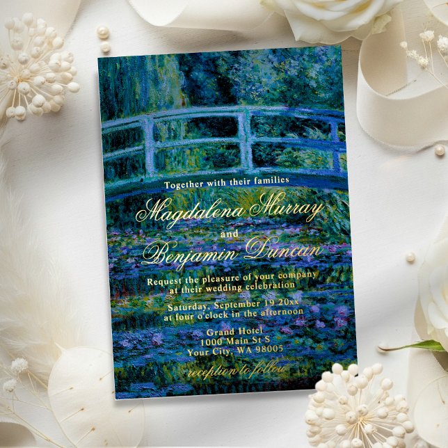 Invitación Con Relieve Metalizado Moody Jewel Tones Monet Lily Pond Fine Art Wedding (Subido por el creador)