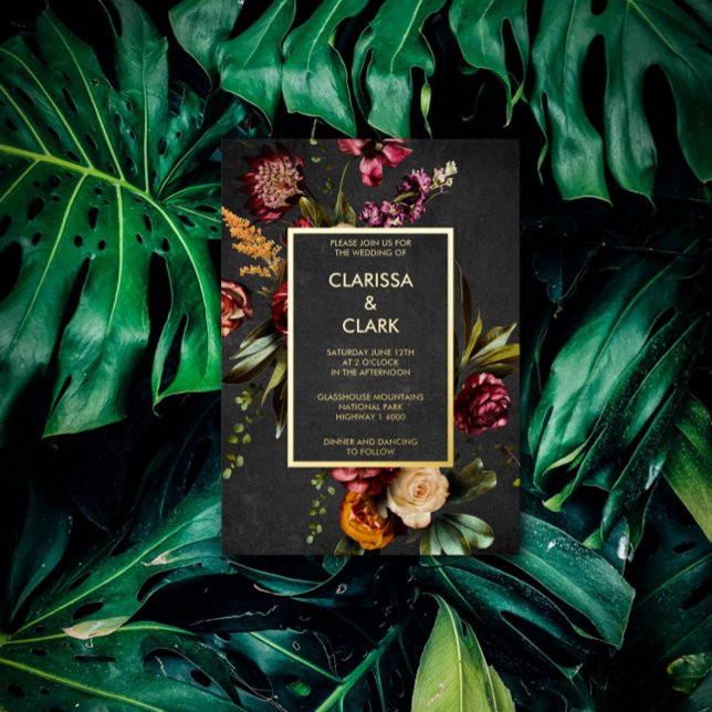 Invitación Con Relieve Metalizado Moody Oscuro Negrita Boda de Flor Salvaje (Subido por el creador)