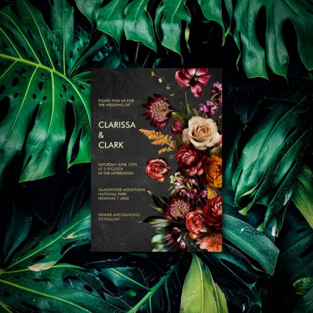 Invitación Con Relieve Metalizado Moody Oscuro Negrita Boda de Flor Salvaje (Subido por el creador)