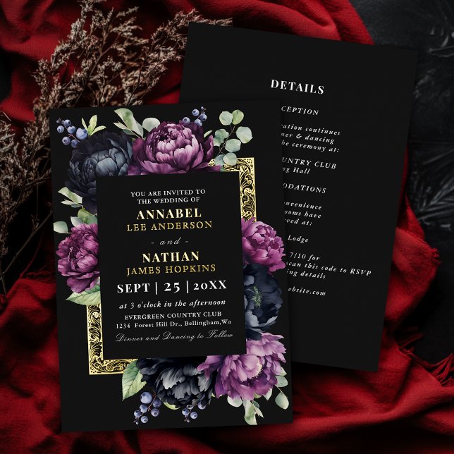 Invitación Con Relieve Metalizado Moody Purple y Black Elegent Boda Floral (Subido por el creador)