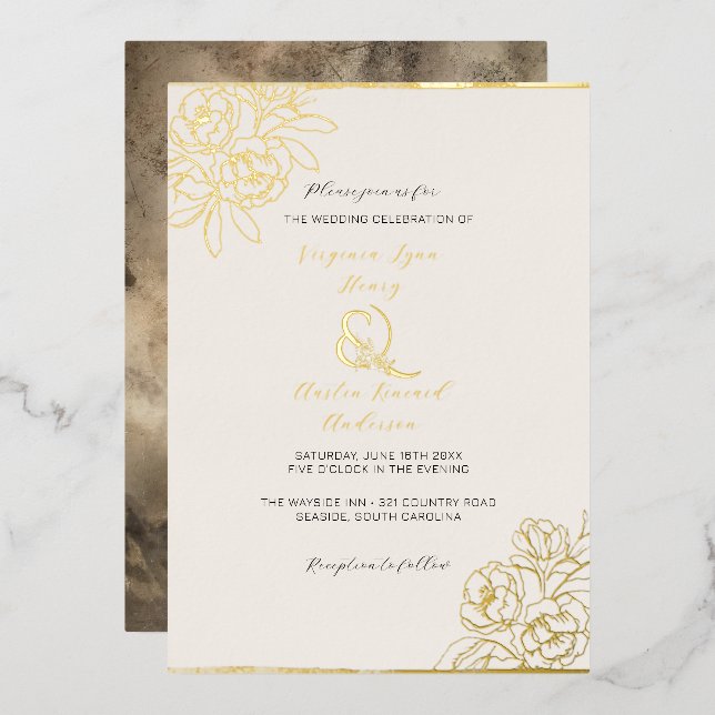Invitación Con Relieve Metalizado Moody Smoked Gold Ampersand (vertical) (Anverso/Reverso)