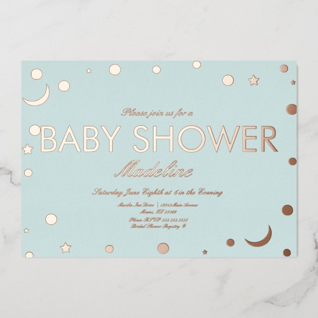 Invitación Con Relieve Metalizado Moon and Dots Confetti Baby Shower Presionado (Anverso)