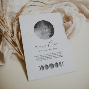 Invitación Con Relieve Metalizado Moon Phases Gold Stars Birday Gold