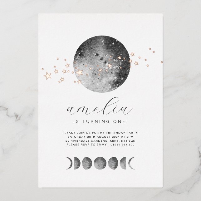 Invitación Con Relieve Metalizado Moon Phases Gold Stars Birday Rosa Gold (Anverso)