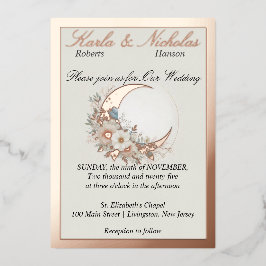 Invitación Con Relieve Metalizado Moonflower Blanco Desvanecido, Rosa Dorado Ancho