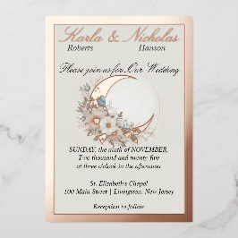 Invitación Con Relieve Metalizado Moonflower Blanco, Rosa Oro Ancho