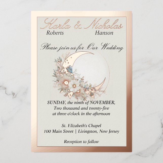 Invitación Con Relieve Metalizado Moonflower Off White, gran Rosa de oro (Anverso)