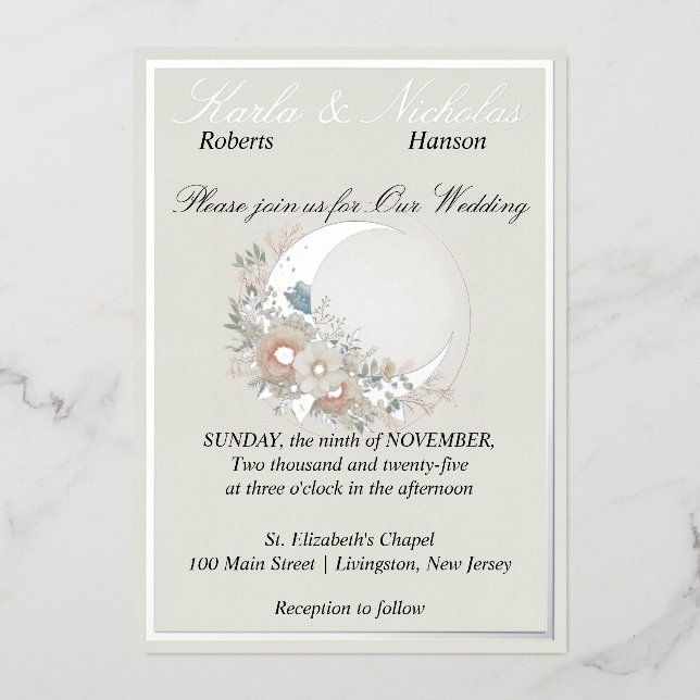 Invitación Con Relieve Metalizado Moonflower Off White, Silver (Anverso)