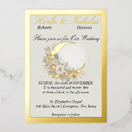 Invitación Con Relieve Metalizado Moonflower Off White, Wide Goldr