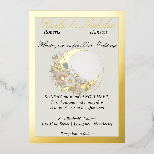 Invitación Con Relieve Metalizado Moonflower Off White, Wide Goldr (Anverso)