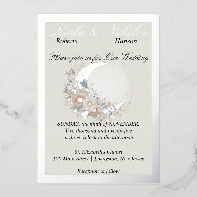 Invitación Con Relieve Metalizado Moonflower Off White, Wide Silver (Anverso)