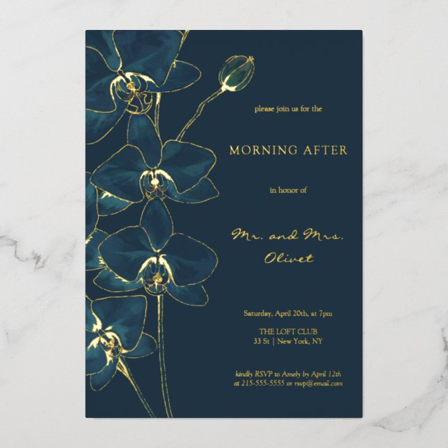 Invitación Con Relieve Metalizado Morada de orquídea azul suave después (Anverso)