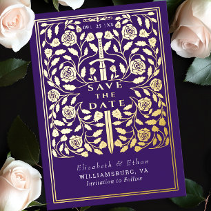 Invitación Con Relieve Metalizado Morado Boda de Espada Medieval Salva la fecha