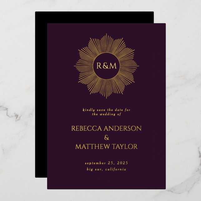 Invitación Con Relieve Metalizado Morado Boho Celestial Sun Monograma Guardar fecha (Anverso/Reverso)