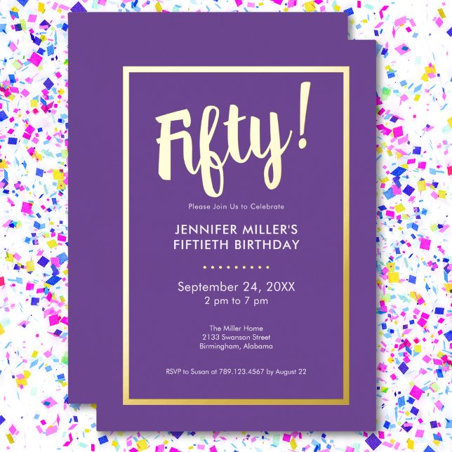 Invitación Con Relieve Metalizado Morado moderno y Relieve metalizado dorado 50 cump (Modern Purple & Gold Foil 50th Birthday Foil Invitation)