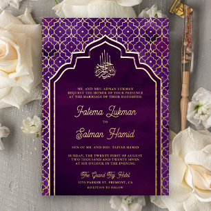 Invitación Con Relieve Metalizado Morado Oscuro Arco Musulmán Boda Marroquí Dorado