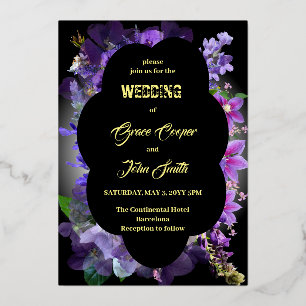 Invitación Con Relieve Metalizado Morado romántico con borde oval