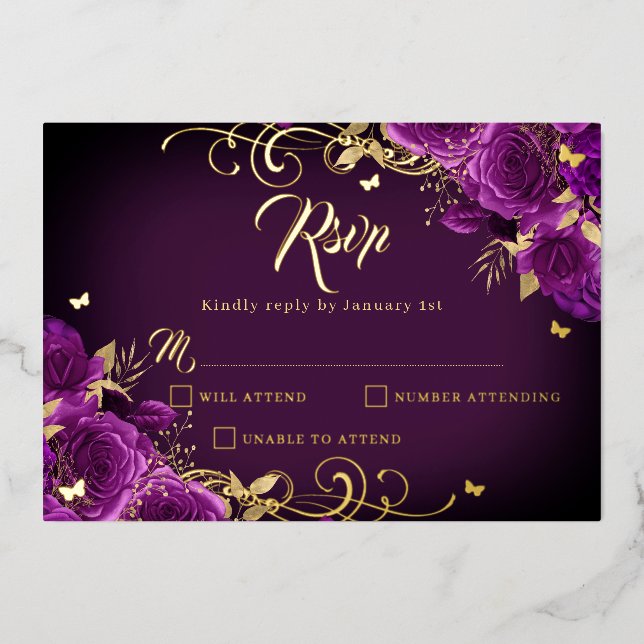 Invitación Con Relieve Metalizado Morado Rosa Floral Oro Swirl Quinceanera (Anverso)