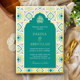 Invitación Con Relieve Metalizado Mosaico Persa Verde Turquesa Boda Musulmana Dorada