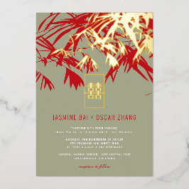 Invitación Con Relieve Metalizado Moss & Red Bamboo deja a doble Boda chino Xi