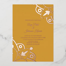 Invitación Con Relieve Metalizado Mostaza Mandala India Moderna Prensada de Boda 