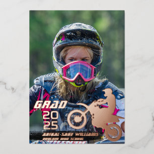 Invitación Con Relieve Metalizado Moto de Tierra Motocross 2 Foto Graduación Rosa Do