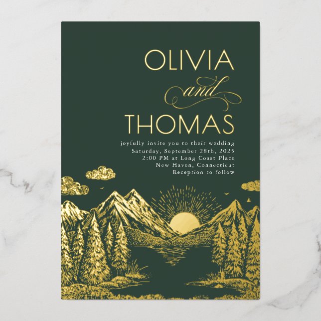 Invitación Con Relieve Metalizado Mountains Nature Sunset Romantic Elegant Wedding (Anverso)