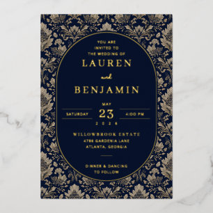 Invitación Con Relieve Metalizado Movimientos Florales de Navy Elegante
