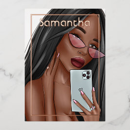 Invitación Con Relieve Metalizado Mujer selfie fiesta de cumpleaños