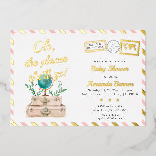 Invitación Con Relieve Metalizado Mundo de Aventura Viaje Bebé Niña Besos Rosa Dorad