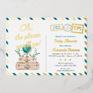 Invitación Con Relieve Metalizado Mundo de Aventura Viaje Niño Mapa Azul Teal Dorado