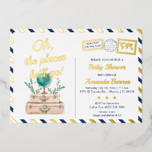 Invitación Con Relieve Metalizado Mundo de Aventuras Viaje Niño Mapa Azul Marino Oro