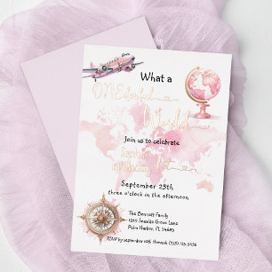 Invitación Con Relieve Metalizado Mundo ONEderful rosa cumpleaños 1 año niña